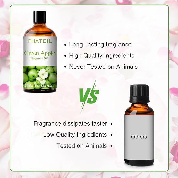 PHATOIL Green Apple Fragrance Oil for Diffuser Aromatherapy 3.38FL.OZ | Long Lasting Scented Oils For Humidifier, Air Freshener, DIY Soap Candle, Scent Project Making, Aroma Oil for Home Freshening