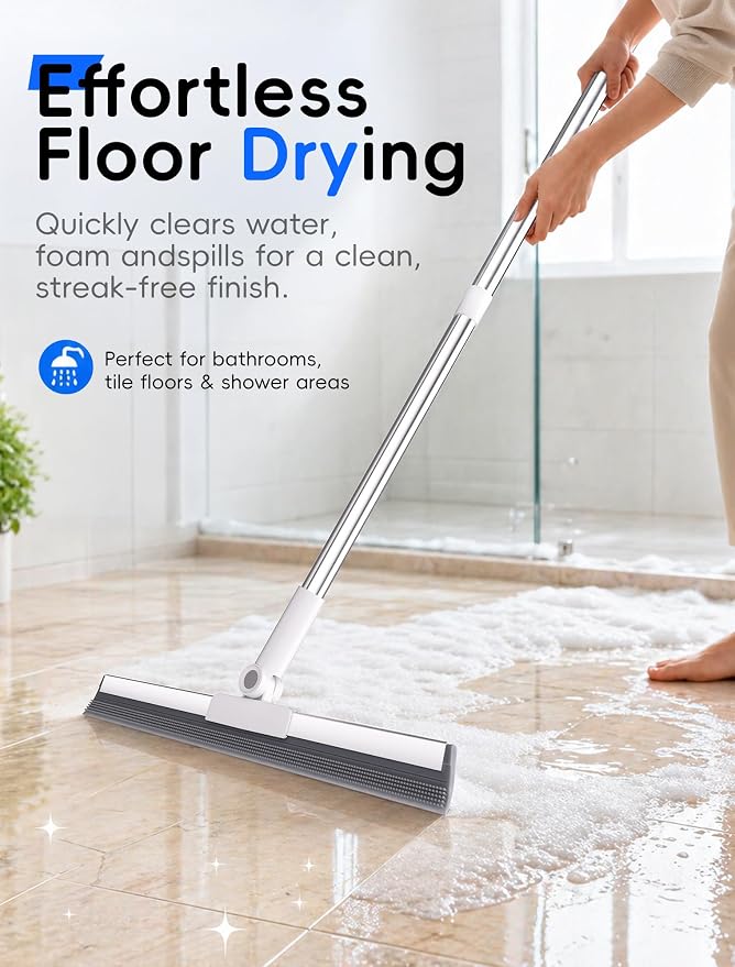 Floor Squeegee Broom with Long Handle, Heavy Duty Rubber Squeegee Kit, Scrubber for Tile Floor, Garage, Concrete with 2 Long Handles, 2 Squeegee Heads & 1 Cloth (Textured Blade 2-Pack)