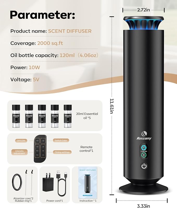 Waterless Scent Diffuser Kit,Scent Diffuser with 7 Lights and Breathing Lights Modes,Max Coverage 2000 sq.ft.Home,Offices,Hotels and Spas Aromatherapy Diffuser Included 5 Scent Oils Remote Control