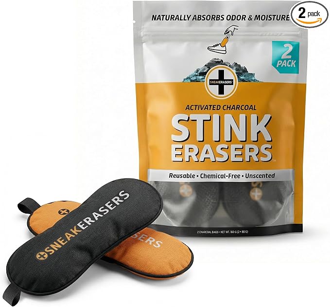 StinkERASERS Activated Charcoal Shoe Deodorizer Bags, 2 Pack | Natural Odor Eliminator, Shoe Smell Remover, Reusable Unscented, Moisture Absorber Inserts, For Sneakers, Boots & Gym Bags