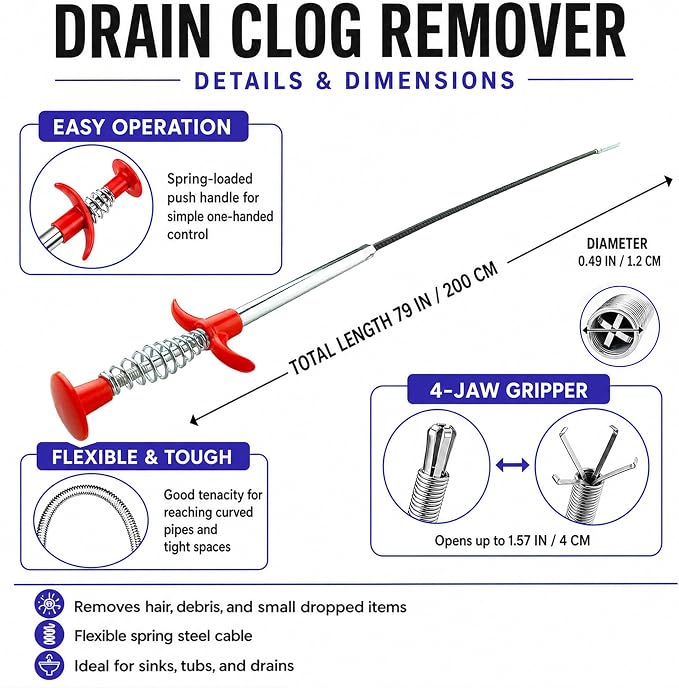 Drain Snake Clog Remover Kit, 16.4 FT Long Flexible Drain Snake Auger with Auto Feed & Drill Attachment, 79 Inch Grabber Claw, Hair Removal Tools for Kitchen Sink, Shower and Bathtub