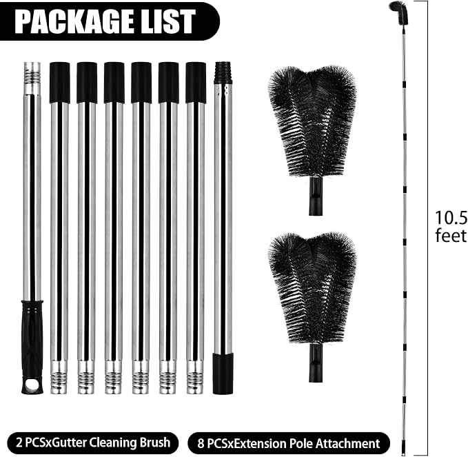 10.5FT Gutter Cleaning Tools from the Ground, Adjustable Long Handle Gutter Cleaner Include 8 Stainless Steel Telescoping Poles & 2 Gutter Cleaning Brush Easily Remove Leaves and Debris from Gutters