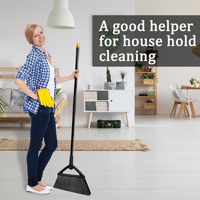 2PCS Heavy Duty Angle Broom, Long Pole Brooms for Indoor, Outdoor Sweeping, Kitchen to Courtyard, Black