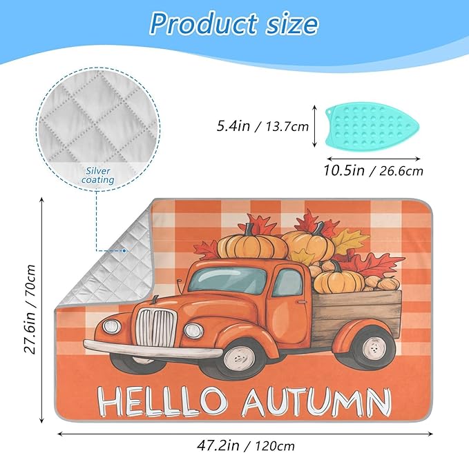 Ironing Mat Portable Ironing Pad Ironing Blanket for Table Top Heat Resistance Double-Side Using Travel Large 47.2 x 27.6 Inch Foldable Lightweight Autumn Truck Pumpkin Leaves