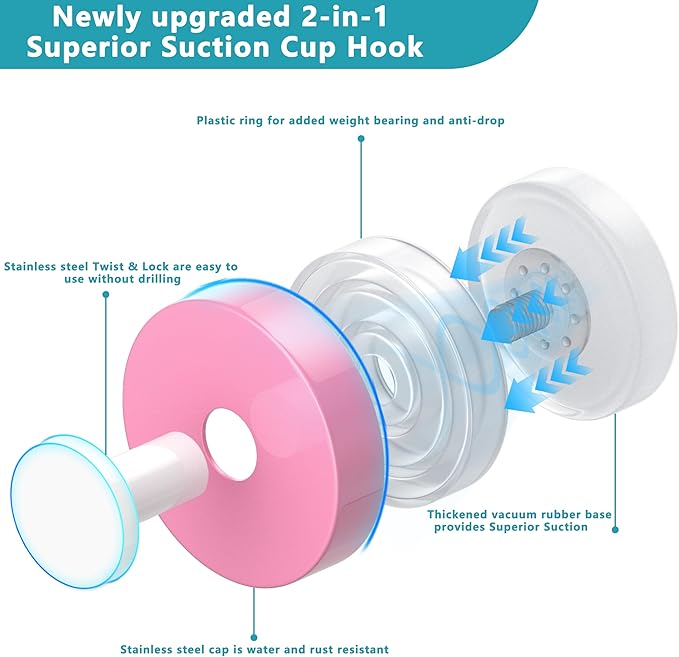 Suction Cup Hooks for Shower,Removable No Drill Towel Hooks,Upgraded 15 lbs Strong Suction hooks for Bathroom Tile,Shower Wall,Glass Door,Kitchen-Loofah,Coat,Stainless Waterproof-Pink White 2 Pcs