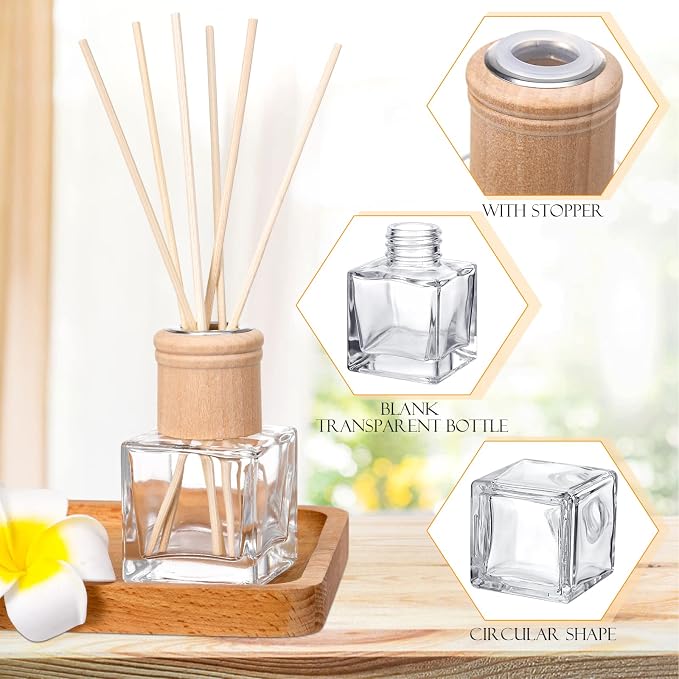 Roshtia 20 Set Reed Diffuser Bottle Empty Fragrance Glass Diffuser Bottles Refillable Diffuser Bottles Set with Wooden Caps and Rattan Sticks 50ml 1.7 Oz Diffuser Glass Jars for DIY Fragrance (Square)