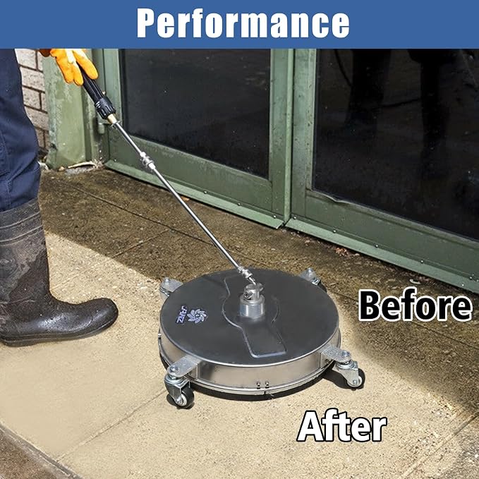 JANZ 17'' Pressure Washer Surface Cleaner | 4 Wheels, Stainless Steel Housing, 1/4'' Quick Plug, 2 Extension Wands, 2 Replacement Nozzles and 3 Spray Nozzles,4000 PSI