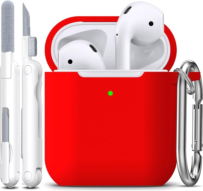 R-fun for AirPods 1/2 Case, Soft Silicone Protective Cover with Keychain and Cleaning Pen, Compatible with AirPods 2nd/1st Generation (2016/2019), Full Drop Protection Cover, Red
