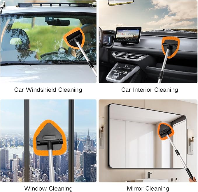 Qydipclin 11pcs Windshield Cleaner Tool, Car Window Cleaning Wash Kit with 6 Reusable Microfiber Pads 2 Spray Bottles and Extendable Handles Auto Glass Wiper Kit, Orange