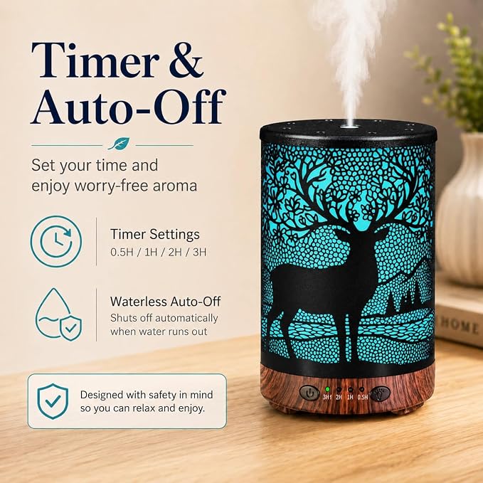 Essential Oil Diffuser 120ML Metal Aromatherapy Diffuser with Timer, Cool Mist Humidifier with Auto Shut-Off & 7 Color Lights for Home Office Spa (Forest Deer)