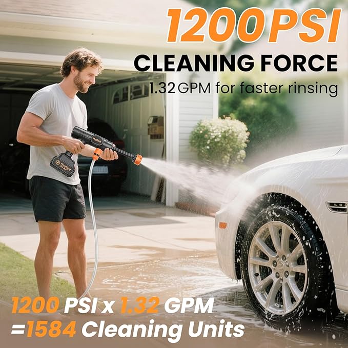 Cordless Pressure Washer, 1200 PSI Portable Power Washer with 6-in-1 Nozzle | 2*21V Batteries, Battery Powered Handheld Pressure Washer Cleaning Tool for Car Wash, Garden, Patio, Home