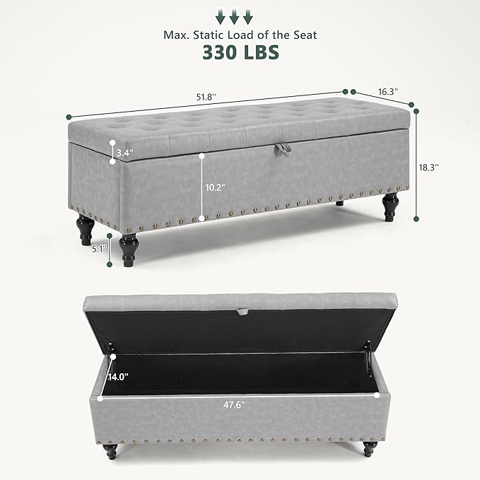 50" Storage Ottoman Bench, Tufted Ottoman with Storage for Living Room, Large End of Bed Ottomans, Modern Entryway Benchs, Window & Bedroom Benches for Foot of Bed (AshGray)