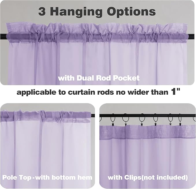 Chyhomenyc Lilac Sheer Curtains 54 Inch Long 2 Panels, Light Filtering Rod Pocket Voile Short Curtains Drapes for Living Room Bedroom Small Windows, 42Wx45L Inches