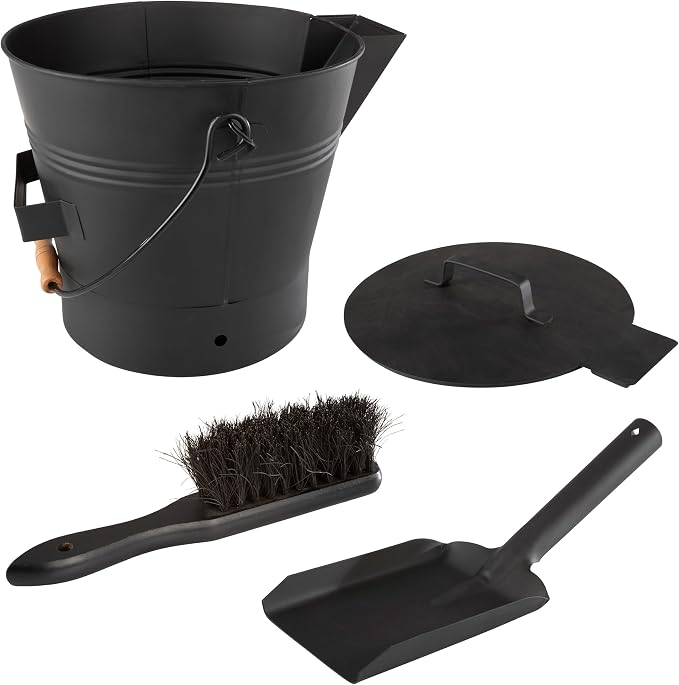 Pure Garden Ash Bucket with Lid, Broom, and Shovel, Black, 11”x12.2”x11” | 2.11-Gallon Metal Bucket for Fireplace or Firepit Ashes, Fireplace Tools