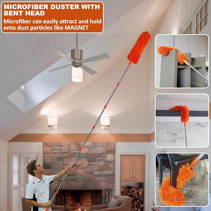 20+ Feet High Reach Duster Kit with 3-14 ft Extension Pole // High Ceiling Dusting and Window Cleaning Kit with Spliceable Pole - Window Washer & Squeegee, Cobweb Duster, Fan Blade and Feather Dusters