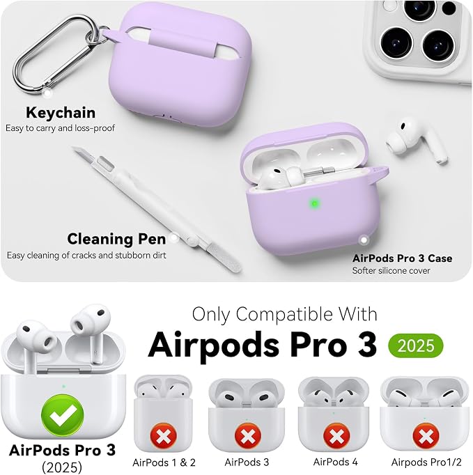 for AirPods Pro 3 Case 2025,Come with Cleaner Kit,Purple | Silicone Protective Cover for Airpod Pro 3rd Generation Case with Keychain,for Women Men,One-Piece Design,Shockproof