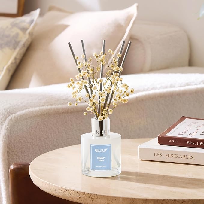 Reed Diffuser Set,3.38 fl oz (100 ml) - Freesia Pear Oil Diffusers with 8 Reed Sticks, Home Fragrance Reed Diffuser for Bathroom Shelf Decor