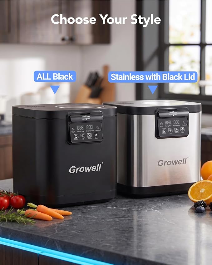 Growell 4L Electric Composter for Kitchen, Countertop, Indoor Compost Bin | Dual Carbon Filter, Auto-Clean, Long-Life Brushless Motor, LED Touch Panel, <40dB, Visible Window, Food Wast Recycler, Black