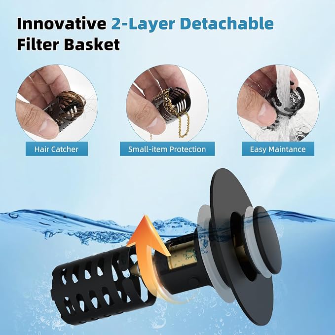Upgraded Bathroom Sink Drain Strainer Hair Catcher 2PCS Universal 3 in 1 Pop-up Sink Stopper, Fit for 1.1''~2.36'' Basin Hole, with Detachable Stainless Steel Filter Basket, Matte Black