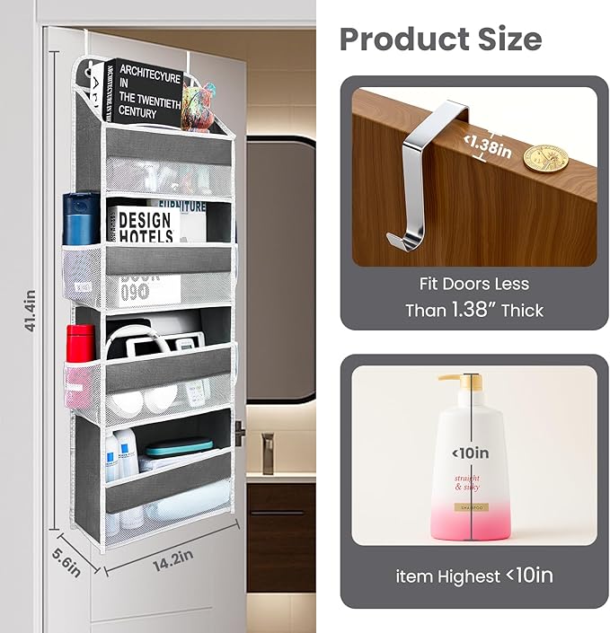 Over The Door Organizer 4 Shelves & 4 Side Pockets, Large Storage Rack | Anti-Tilt Hanging Door Storage for Closet Heavy-Duty Mesh Shelf for Bathroom, Closet, Toy Organization, Shoes, Towels, Grey