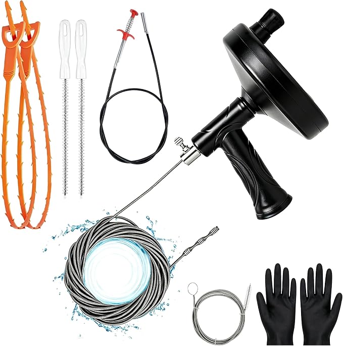 33 FT Drain Snake Auger, Heavy Duty Plumbing Snake for Sink, Tub and Shower | Flexible Hair Clog Remover Kit with Gloves | Manual Drain Cleaning Tool for Bathroom and Kitchen (8-Piece Set)
