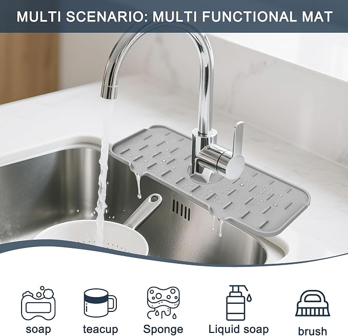 Kitchen Faucet Sink Splash Guard, Silicone Faucet Water Catcher Mat – Sink Draining Pad Behind Faucet, Grey Rubber Drying Mat for Kitchen