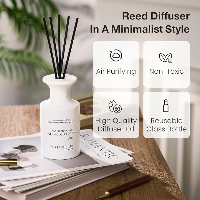 M&SENSE Minimalist Large Reed Diffuser 300ml, Puffy Cloud Dream Scented with Natural Essential Oils, Long Lasting with 7 Sticks, Non-Toxic Home Fragrance for Bedroom, Bathroom Decor