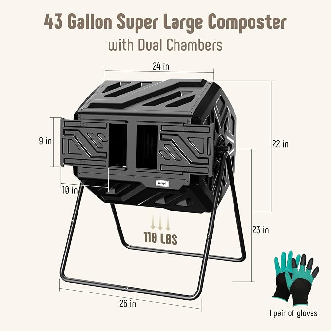 Werph 43 Gal Dual Chamber Compost Bin Tumbler for Backyard Garden, Black | Dual-chamber Design, 360° Rotating Tumbling, BPA-free Materials, Pre-assembled Parts, for Garden, Kitchen & Yard Waste
