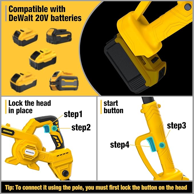 Roof Gutter Cleaning from The Ground, 2-in-1 Cordless Pole Leaf Blower, Handheld & Extension Blower, for Dewalt 20V Battery, Adjustable Angle Nozzle, for Roof, Yard & Patio Cleaning（Tool Only）