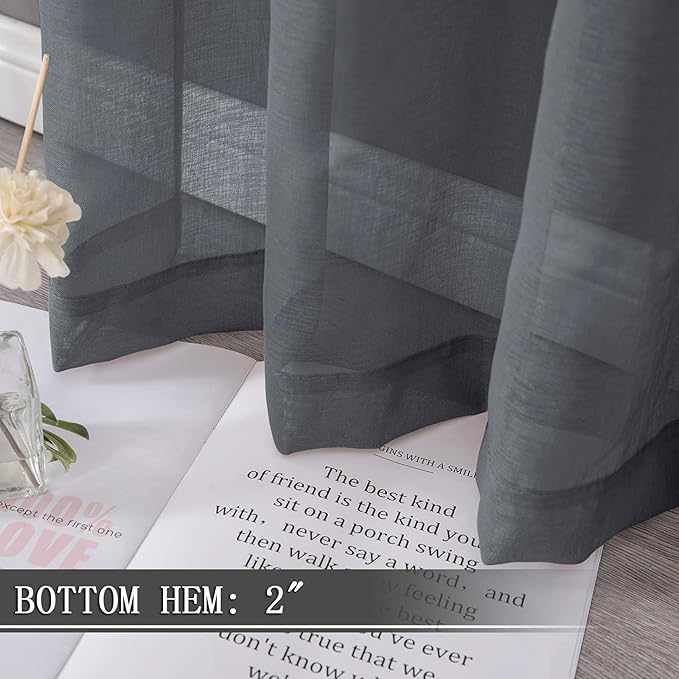 Tollpiz Short Sheer Tier Curtains Linen Textured Half Kitchen Curtain Sheers Light Filtering Rod Pocket Voile Small Curtain for Bathroom, 25 x 24 inches Long, Dark Grey, Set of 2 Panels