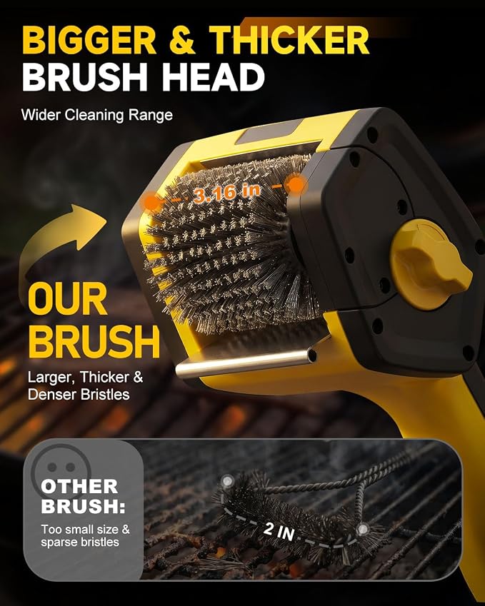 Electric Grill Brush, 800RPM Powerful BBQ Grill Cleaner with Digital Display, 360° Adjustable Angle, 240-Min Runtime, 4000mAh Variable Speed Grill Brush with Stainless Steel Head for Outdoor Grill