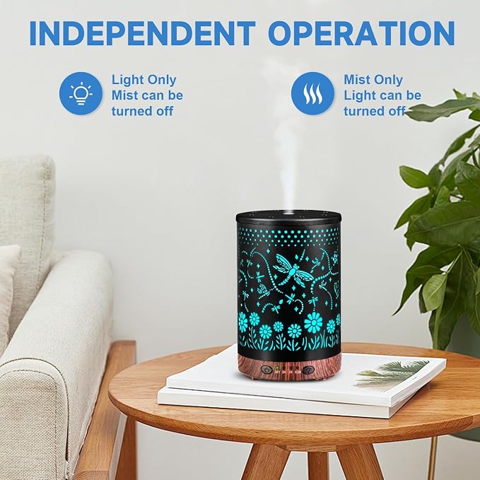 Essential Oil Diffuser 120ML Metal Aromatherapy Diffuser with Timer, Cool Mist Humidifier with Auto Shut-Off & 7 Color Lights for Home Office Spa (Dragonfly)