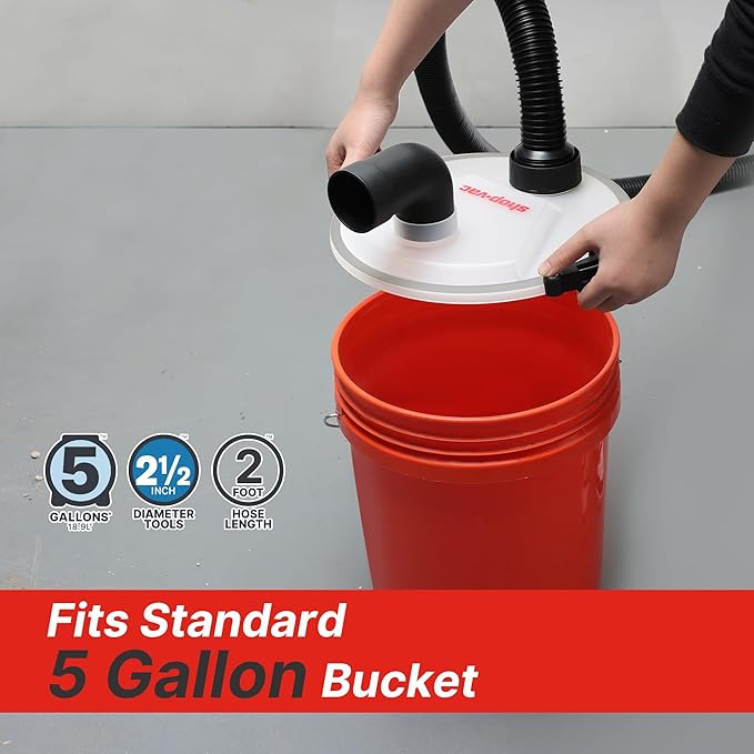 Shop-Vac 5430050 Dust Collector, Fits 5 Gallon Bucket(Sold Separately), Easy Disposal of Dust & Debris, Elbow Fittings, 2-1/2" Hose and Metal Filter Included | 2-1/2" Hose and Metal Filter Included, Easy Disposal of Dust & Debris, Elbow Fittings