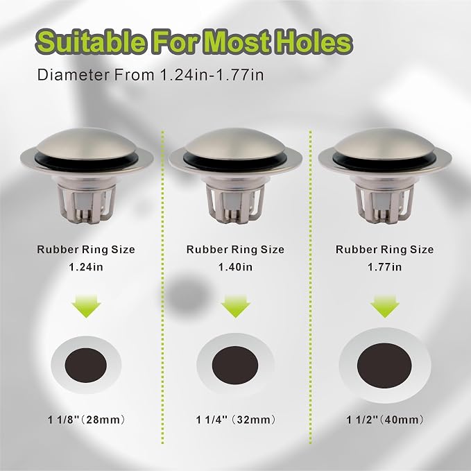 2 Pack Pop Up Sink Drain Stopper,Brushed Nickel Bathroom Sink Stopper with Hair Catcher and Anti-Clog Strainer,Glimflorus Universal 2-in-1 Drain Stopper for 1 1/8"-1 1/2" Drain Holes