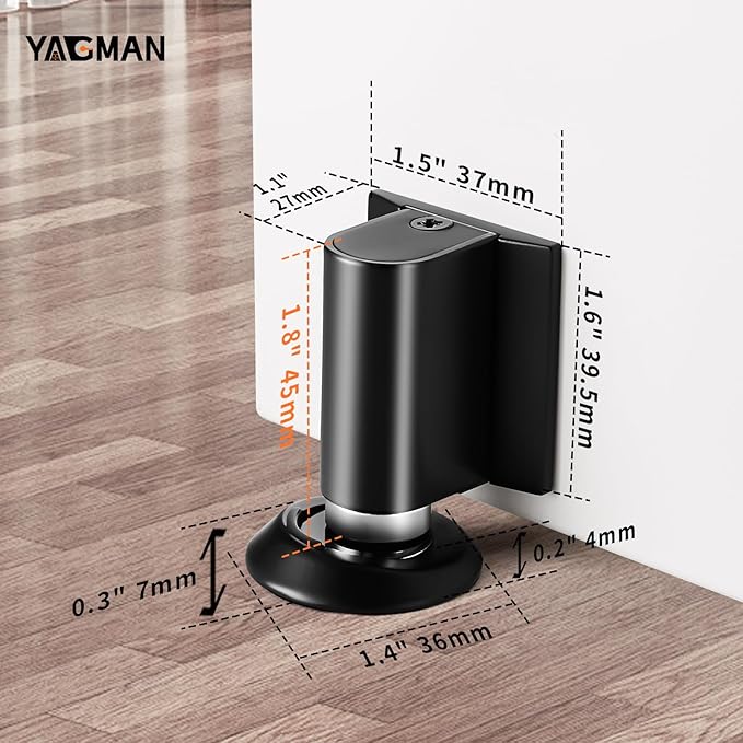 1 Pack Magnetic Door Stoppers Retractable Bottom of Door Holder No Drilling Mount Floor Door Stop with Screws and Adhesive Catch Door Keep Door Open Matte Black MB-1