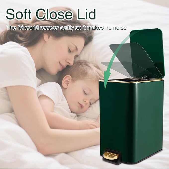 Small Bathroom Trash Can with Lid Soft Close, 1.8 Gallon Stainless Steel Garbage Can with Removable Inner Bucket,80Count Trash Bags, Slim Step Pedal Trash Bins