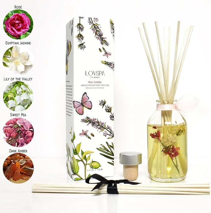 Reed Diffuser Set - Wild Flowers Scented Diffuser with Sticks | Home Fragrance Reed Diffuser for Bedroom, Bathroom Shelf Décor, with Real Florals in the Bottle - Made in the USA