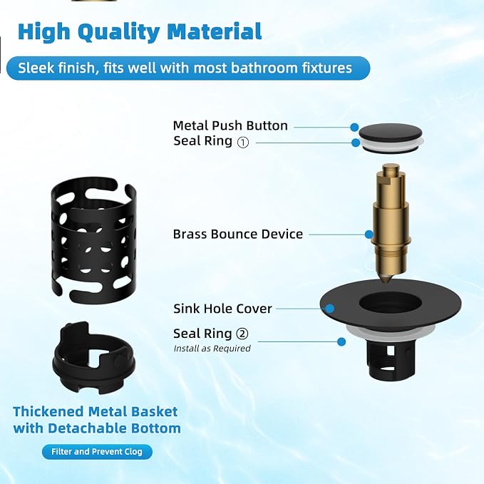 Universal Bathroom Sink Drain Stopper Hair Catcher, Matteblack | Upgraded with 2-Layer Detachable Filter Basket, 4 in 1 Pop Up Drain Strainer, Anti-Clog, Fit for 1.1''~2.36'' Sinks
