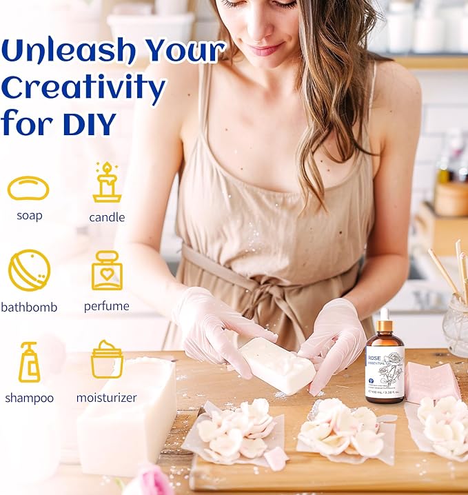 HIQILI Rose Essential Oil for Skin, Diffuser & Candle Making | Calming Floral Aroma for Soap Making, Relaxing Massage, Spa Bath & Home Fragrance – 100mL / 3.38 fl oz