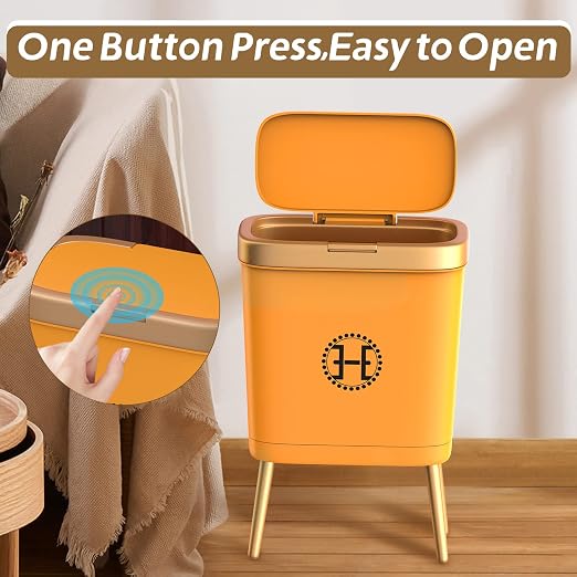 Procade Bedroom Trash Can with Lid,Slim Bathroom Trash Cans with Lids, Dog Proof Trash Bin with Press Top Lid,Modern Gold Trash Can Plastic Waste Basket for Living Room, Office,Kitchen, 4 Gal-Orange