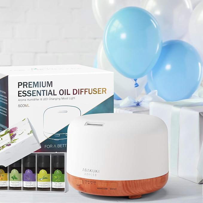 ASAKUKI Oil Diffuser with Essential Oils Set, 500ml Aromatherapy Humidifier | with 14 LED Colors & Auto Shut-Off - 6 Oil Gift Pack(Lavender Eucalyptus Tea Tree Orange Peppermint Lemongrass)