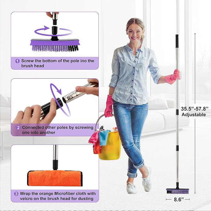 Grout Cleaner Brush with Long Handle, V-Shaped Floor Scrub Brush Swivel Grout Brush Stiff Bristle Floor Grout Scrubber for Bathroom, Tile Line, Crevice, Kitchen, Wall, Deck, Garage (Purple)