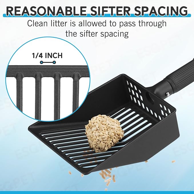 Cat Litter Scoop, Deep Shovel with Metal Long Handle, 21"-39.5" Telescopic & Adjustable Heavy Duty Fast Sifting Shovel Kitty Litter Scooper for Sifting Cats Litter