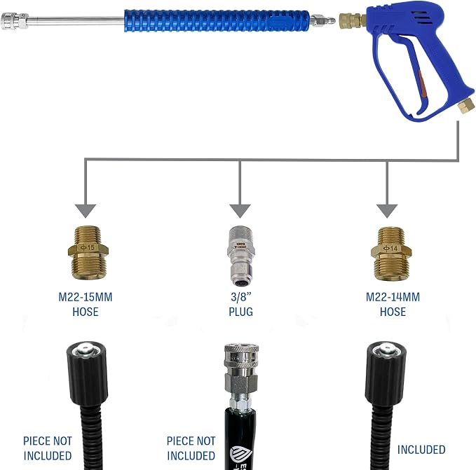 Essential Washer Brass Pressure Washer Gun and Hose Kit | M22 Adaptors | 18" Extension Wand | Nozzle Guard