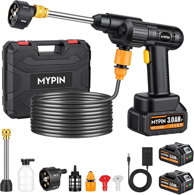 Portable Cordless 600PSI Pressure Washer, 6-in-1 Nozzle with Jet Nozzles | 21V 2x3.0Ah Batteries Handheld Car Powered Washer with Battery Level Display for Car Floor Wall Fence Garden Cleaning