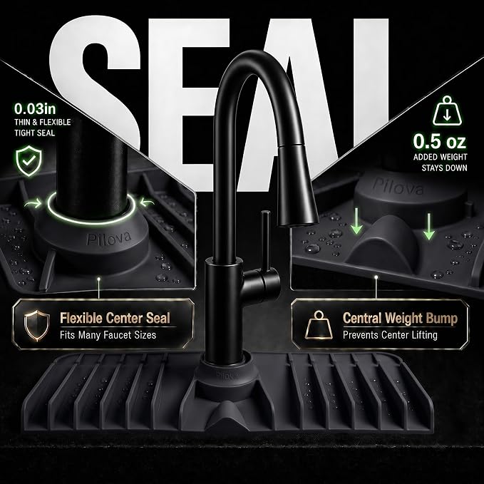 Premium Kitchen Sink Splash Guard – 18" x 5.7" Silicone Faucet Mat with Secure Pressure Clip, True 10° 3D Drainage(No Pooling), Anti-Lift Design, Flexible Leak-Sealing Ring, Non-Slip Fit Behind Faucet
