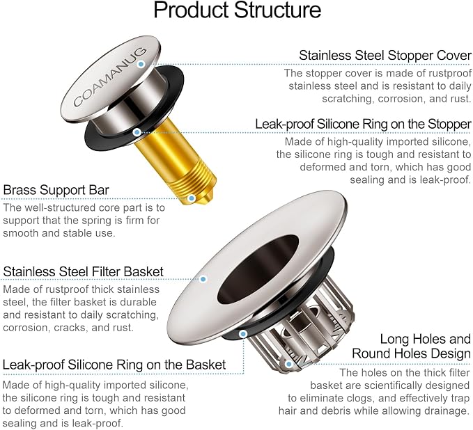 COAMANUG Bathtub Stopper | Pop-up Tub Stopper with Strainer, Shower Drain Hair Catcher | Bathroom Drain Plug | Drain Protector for 1-1/2 to 1-3/4" Bath Drain Hole