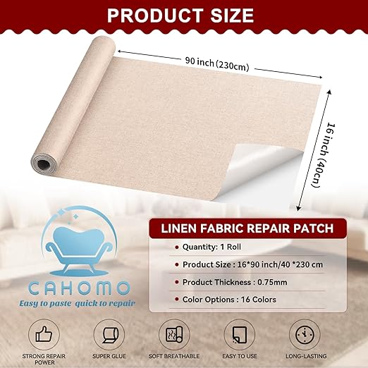 Linen Repair Tape 16x90 inch, Self Adhesive Fabric Patches, Linen Patch Tape Kit, Fabric Repair Tape for Couch Sofas, Headboards, Chairs, Pillows, Curtains, Couches - Black Grey