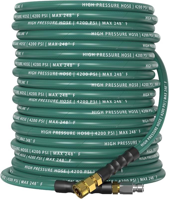 Pressure Washer Hose 100 ft, 4200 PSI Steel-Braided & Durable - Flexible & Kink-Resistant, Power Washer Hose with 3/8" Swivel Quick Connect, Hot/Cold Water Compatible - 100 Foot, Green