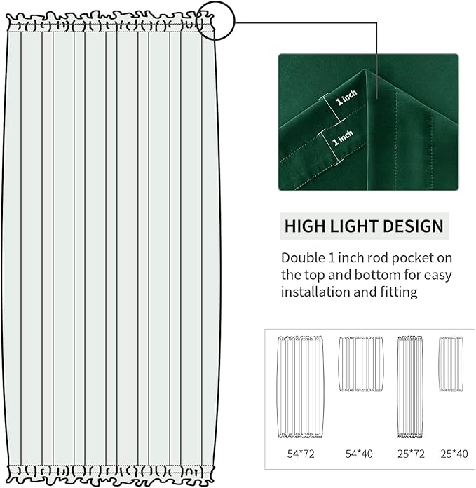 DWCN French Door Curtains – Rod Pocket Thermal Blackout Curtain for Window/Patio Doors/Doorways/Classroom/Kitchen for Privacy, 25W by 40L Inches, 1 Panel with Tieback, Hunter Green